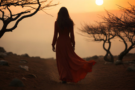 a woman dressed in gown, walking along trail between trees, beautiful nature at sunset, autumn season, beautiful landscapeの素材