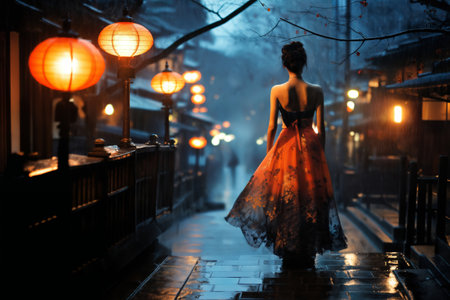 a beautiful woman posing in dress with floral pattern, Kyoto traditional old street scenesの素材