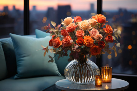 vase with flowers on table in modern interior of living room in apartment, furniture, sofa and pillows, beautiful view outside the window of modern metropolis with skyscrapers at sunsetの素材