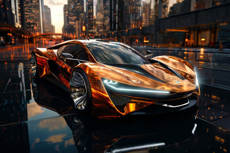 futuristic car on the glossy road, future city streetsの素材