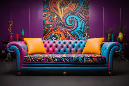 Fashionable comfortable stylish colorful sofa against the wall in the roomの素材