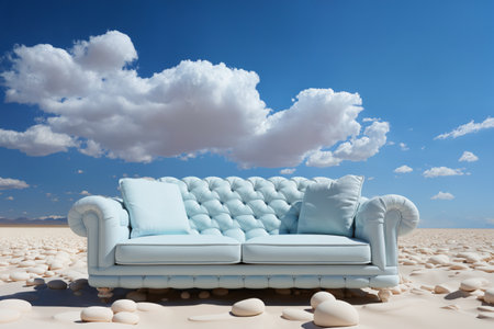 a white sofa on a blue sky background with cloudsの素材