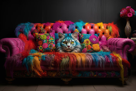 Fashionable comfortable stylish colorful sofa against the wall in the roomの素材