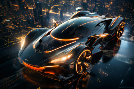 futuristic car on the glossy road, future city streetsの素材