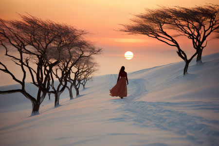 a woman dressed in gown, walking along trail in snow, between trees, beautiful nature at sunset, winter season, beautiful landscapeの素材