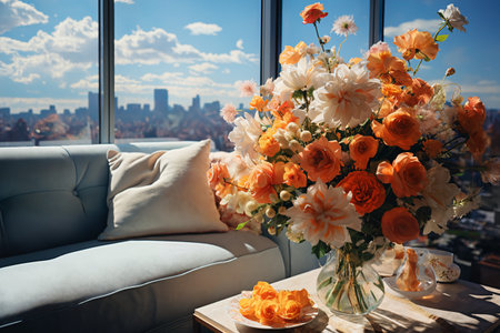 vase with flowers on table in modern interior of living room in apartment, furniture, sofa and pillows, beautiful view outside the window of modern metropolis with skyscrapersの素材