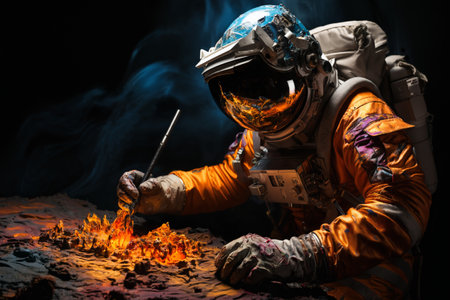 an astronaut explores the fauna of an alien planetの素材
