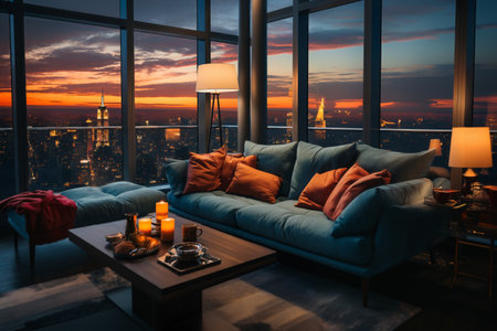 modern interior of a living room in an apartment, furniture, a table and sofa and pillows, a beautiful view outside the window of a modern metropolis with skyscrapers at sunsetの素材