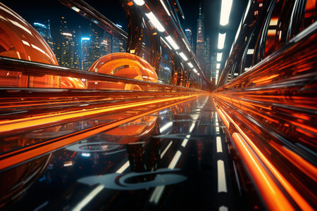 view of a futuristic metropolis tunnel with road and spheres at night, with virtual reality holograms, digital future, cyberspace visualization, street lights, illuminationの素材