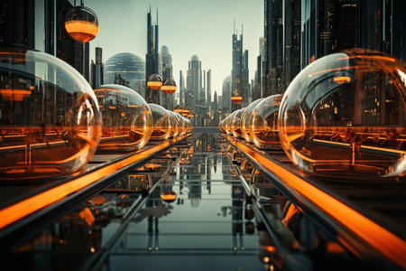 panoramic view of a futuristic metropolis with road and spheres at night, with virtual reality holograms, digital future, cyberspace visualization, street lights, illuminationの素材