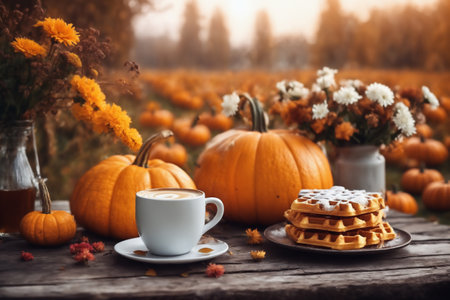 still life of a cup of hot latte and cookies and pumpkins on an old wooden table against the background of beautiful autumn nature at sunset, decoration for Halloweenの素材