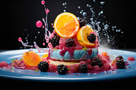 fruit dessert with sauce splashes, serving on a plate, dark background, delicious and beautiful foodの素材