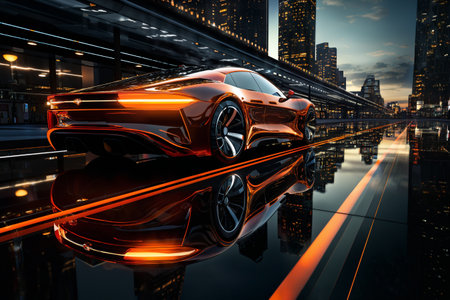 futuristic car on a glossy road, transport of the future, city streetsの素材