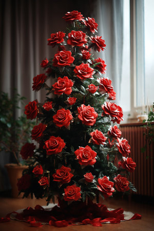 Christmas tree decorated with red roses flowers for New Year's holidays, winter seasonの素材