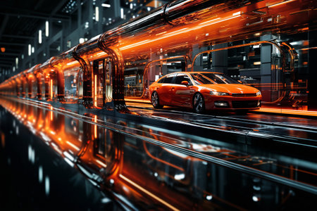 futuristic car on a glossy road in a tunnel with transparent walls, transport of the future, city streetsの素材