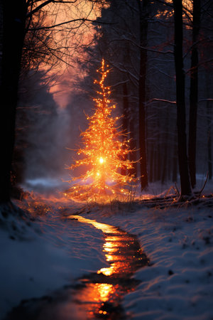 Christmas tree with decoration and illumination in evening forest, New Year's holidays, sunset, winter seasonの素材