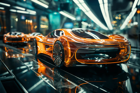 futuristic car on a glossy road in a tunnel with transparent walls, transport of the future, city streetsの素材