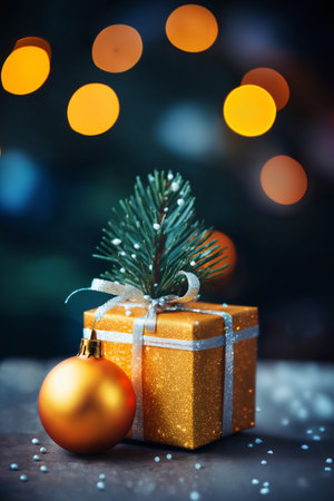 a close view of a gift box with a bow and ball on a festive background of lights, bokeh illuminations, Christmas decoration for New Year holidays, winter seasonの素材