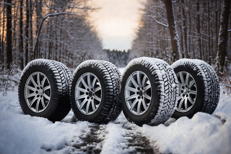 a car wheels on the background of a winter road and a beautiful landscape, a snow-covered forest, a concept of traffic safety on a slippery roadの素材