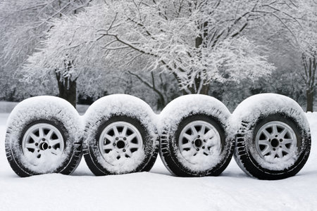 a car wheels on the background of a winter road and a beautiful landscape, a snow-covered forest, a concept of traffic safety on a slippery roadの素材