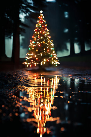 Christmas tree with decoration for New Year's holidays, evening forest and snow, winter seasonの素材