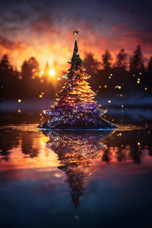 Christmas tree as decoration for New Year holidays, forest, winter seasonの素材