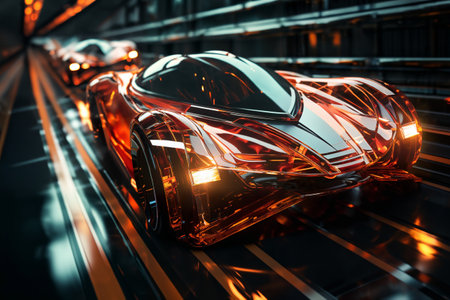 futuristic car on a glossy road in a tunnel with transparent walls, transport of the future, city streetsの素材