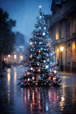 Christmas tree with decoration for New Year's holidays, evening city street, winter seasonの素材