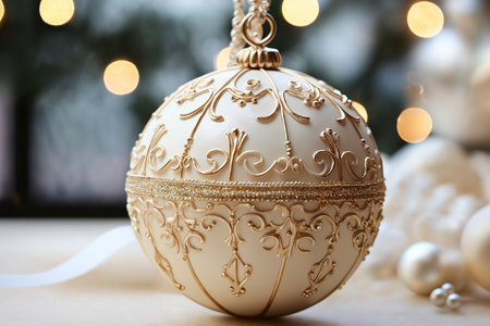 close view of a glass ball on a festive background of illumination, bokeh lights, Christmas decoration for New Year holidays, winter seasonの素材