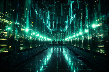 futuristic global data processing center, infrastructure for telecommunications and internet technology with virtual reality, digital future, cyberspace visualization, illuminationの素材
