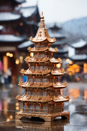 golden pagoda toy, little figurine with lights reflected in wet city street in the eveningの素材