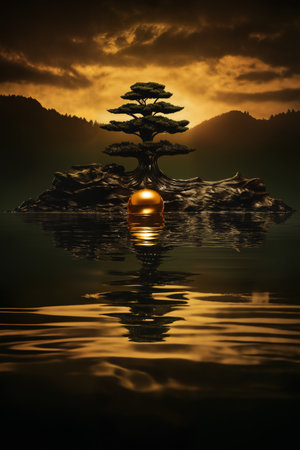 A fairy tree in night is reflected in water, dark dramatic sky at sunsetの素材