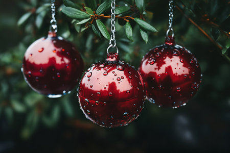 Christmas decoration for New Year holidays, close view of a glass ball on a festive background of illumination, bokeh lights, winter seasonの素材