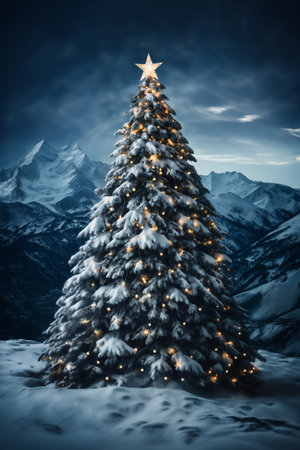 Christmas tree in winter forest at night, with decoration for New Year's holidays, dark, snow, winter seasonの素材
