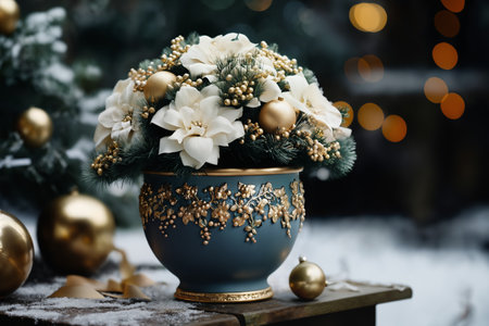 flowerpot with white flowers as decoration for holidays, on dark background with snow and golden bokeh lightsの素材