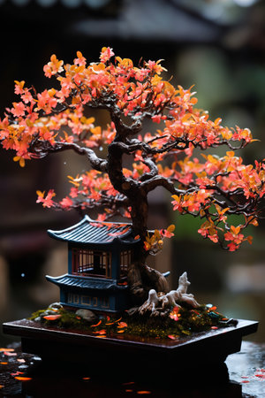 a small figure of a tree and with a wooden house in the bonsai styleの素材