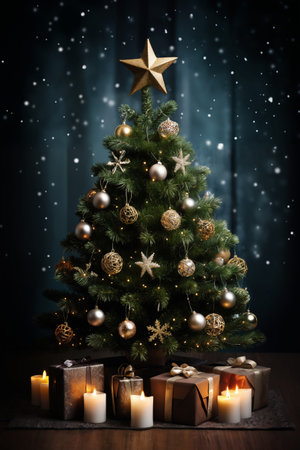 Christmas tree with decorations and candles and snow for New Year holidays, dark background, winter seasonの素材