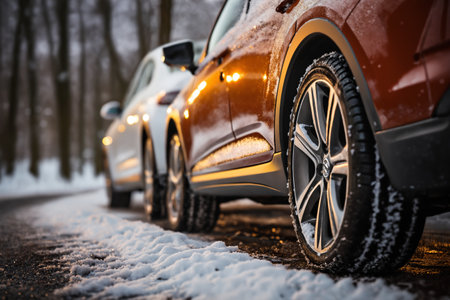 winter road and car on background of beautiful snowy landscape, snow-covered forest, concept of traffic safety on slippery roadの素材
