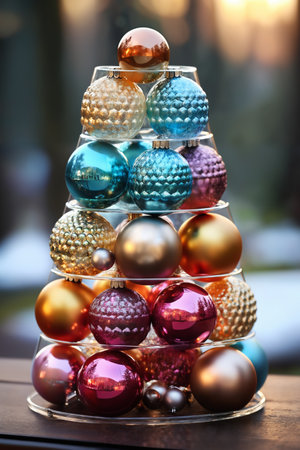 tiny Christmas tree toy made of glass balls as decoration for New Year holidays, forest, winter seasonの素材