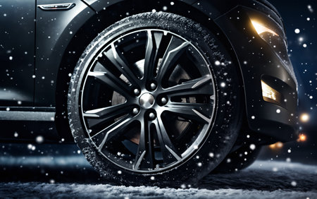 a car wheel close-up on the background of a winter snow-covered road with ice in night, the concept of traffic safety on a slippery roadの素材