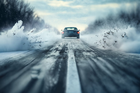a car drives fast on a winter slippery road creating a whirlwind of snow, the concept of safety on a slippery roadの素材