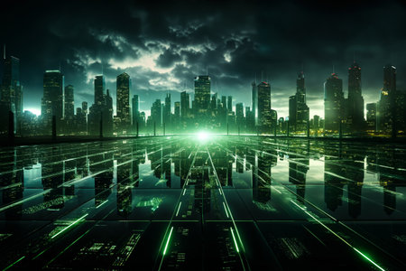 panoramic view of a futuristic metropolis at night, with virtual reality holograms, digital future, cyberspace visualization, street lights, illuminationの素材