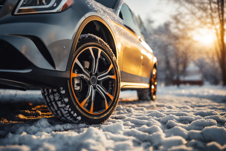 a car wheels on the background of a winter road and a beautiful landscape, a snow-covered forest, a concept of traffic safety on a slippery roadの素材