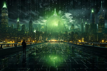 futuristic metropolis panoramic view at night, streetlights, illuminationの素材