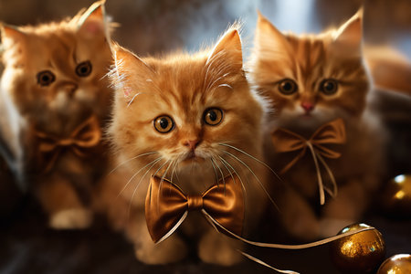 three red kittens with bows, festive background, Christmas decoration for New Year holidays, winter seasonの素材