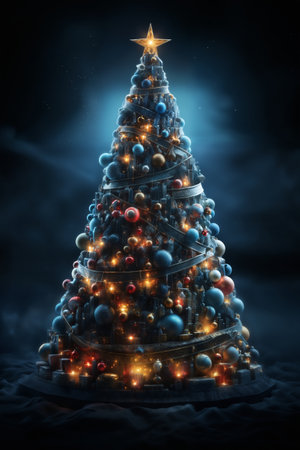 Christmas tree with decoration for New Year's holidays, night forest and snow, winter seasonの素材