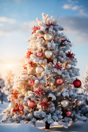 Christmas tree in winter forest, with decoration for New Year's holidays, sunset sky, snow, winter seasonの素材