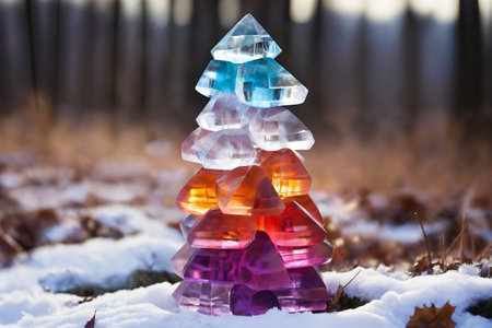 tiny Christmas tree toy made of glass as decoration for New Year holidays, forest, winter seasonの素材