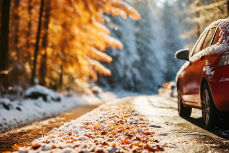 a car on the background of a winter snow covered road, beautiful landscape, winter forest with sunlight, concept of traffic safety on a slippery roadの素材