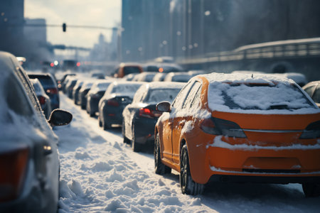 snow covered road in a winter city, traffic jam, concept of traffic safety on a slippery roadの素材